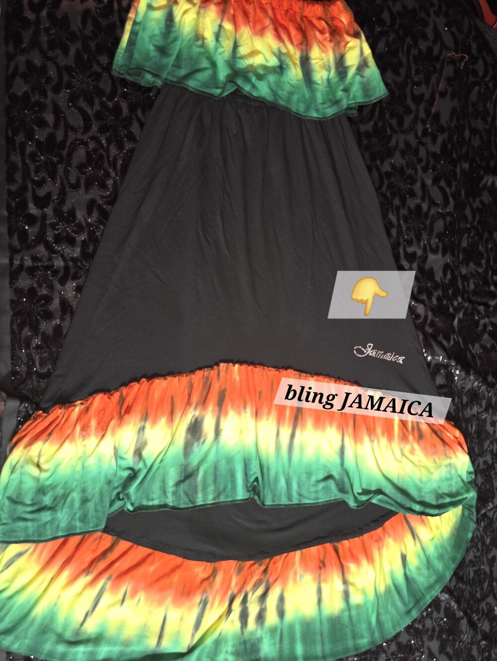 Black Maxi Skirt with Rasta Tie-Dye Ruffle Ethnic Jamaican Strapless stretchy